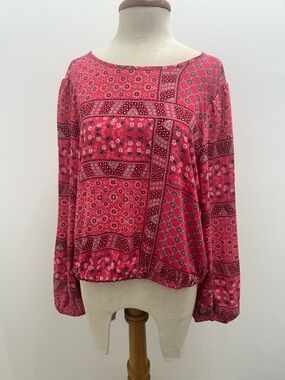 LOFT Pink Red Patchwork Print Long-Sleeve Blouse